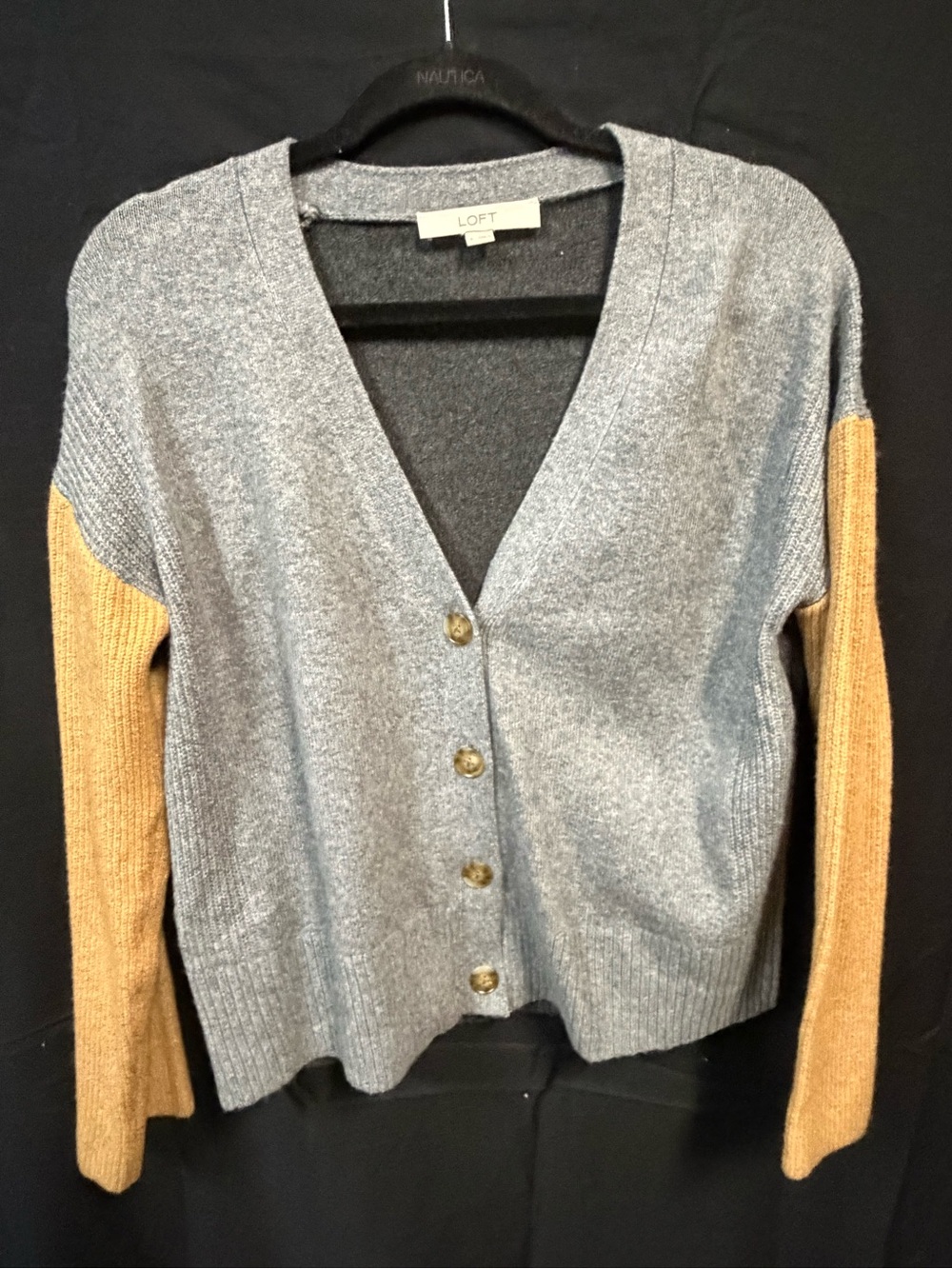 LOFT Gray Body with Gold Sleeve Button-Front Cardigan